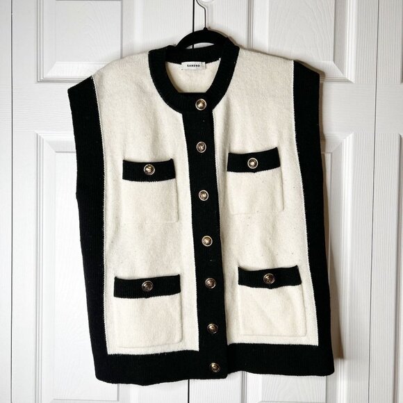 Sandro Cream Black Loose Sleeveless Wool Coatigan Sweater Women' Size 1 Small S - Picture 1 of 9